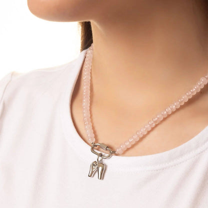 Stainless Steel Pink Chunky Glass Bead Carabiner Necklace: Gold
