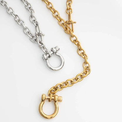 Gold Stainless Steel Y Necklace with Horse shoe Carabiner: Gold