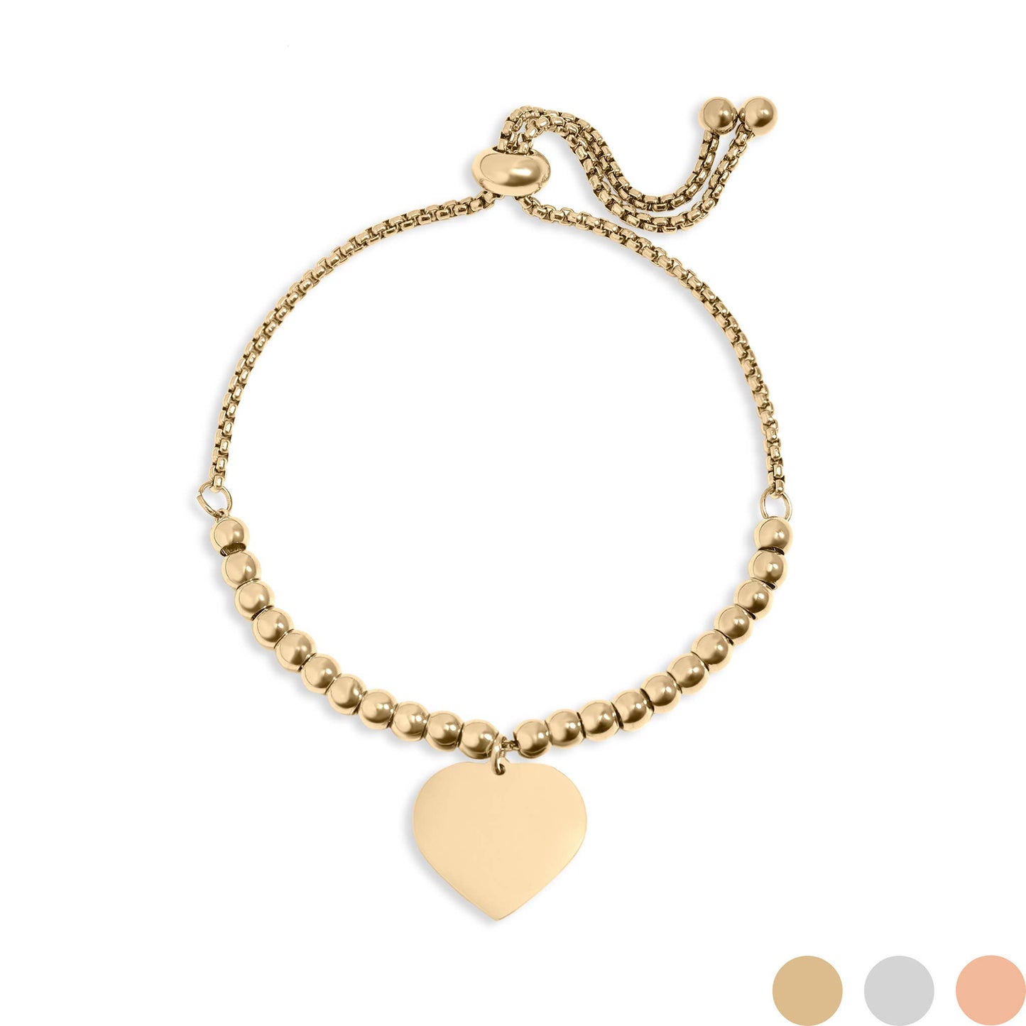 Stainless Steel Adjustable Engravable Heart Beaded Bracelet: Gold