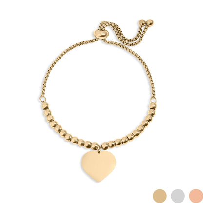 Stainless Steel Adjustable Engravable Heart Beaded Bracelet: Gold