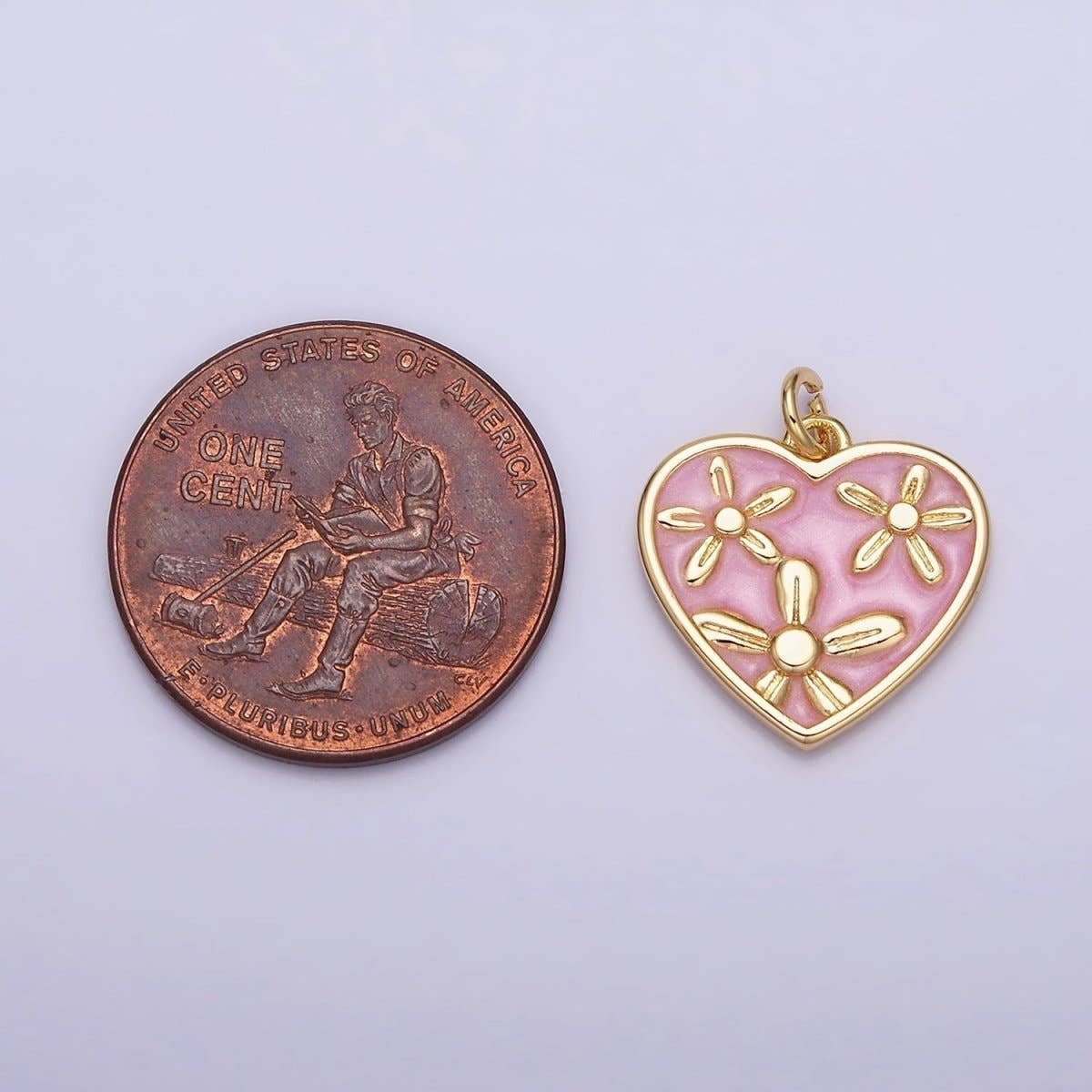 16K Gold Filled Triple Flower White, Pink, Blue Sparkly Enamel Heart Charm | AC1105 - AC1110: Silver / Purple