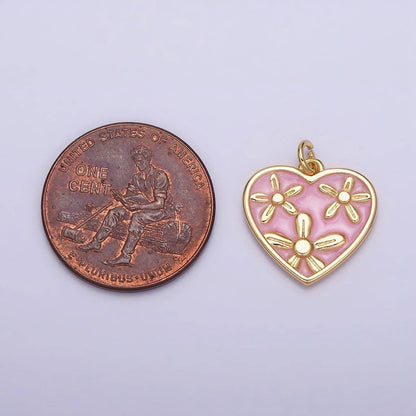 16K Gold Filled Triple Flower White, Pink, Blue Sparkly Enamel Heart Charm | AC1105 - AC1110: Silver / Purple