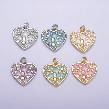 16K Gold Filled Triple Flower White, Pink, Blue Sparkly Enamel Heart Charm | AC1105 - AC1110: Silver / Blue