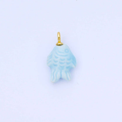 24K Gold Filled 25mm Orange, Red, Yellow, Blue, Green, Teal Fish Ceramic Porcelain Drop Charm | C960 - C963: Red