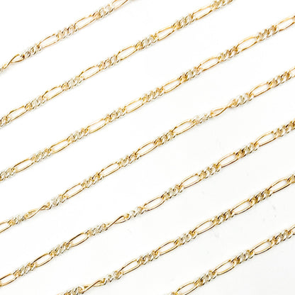 XM/2531CTT. 14k Gold Filled and Sterling Silver 1 Long and 3 Short Link Chain: 1 Ft. / 6.1mm-7mm / Figaro