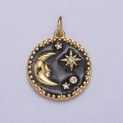 Celestial Crescent Moon Stars Round Black Enamel Charm in Gold & Silver | AC254 AC255: Silver