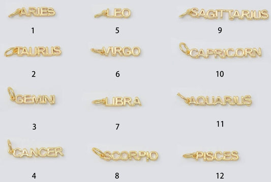 Gold Filled Zodiac Sign Script Words Mini Charm in Gold & Silver | A-A1815-A-A1820 | A-A1839-A-A1844: Silver / All Set