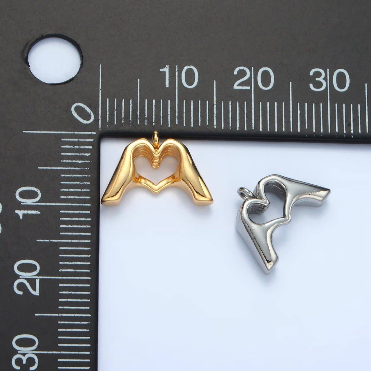 24K Gold Filled Heart Hand Gesture Multidimensional Charm in Gold & Silver | E372: Silver