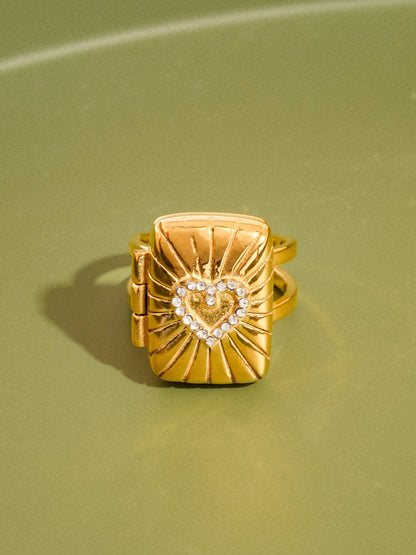 18K Gold Non-Tarnish CZ Heart Locket Ring