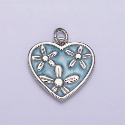 16K Gold Filled Triple Flower White, Pink, Blue Sparkly Enamel Heart Charm | AC1105 - AC1110: Silver / Blue