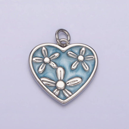 16K Gold Filled Triple Flower White, Pink, Blue Sparkly Enamel Heart Charm | AC1105 - AC1110: Silver / Blue