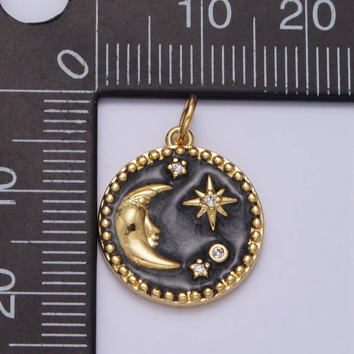 Celestial Crescent Moon Stars Round Black Enamel Charm in Gold & Silver | AC254 AC255: Silver