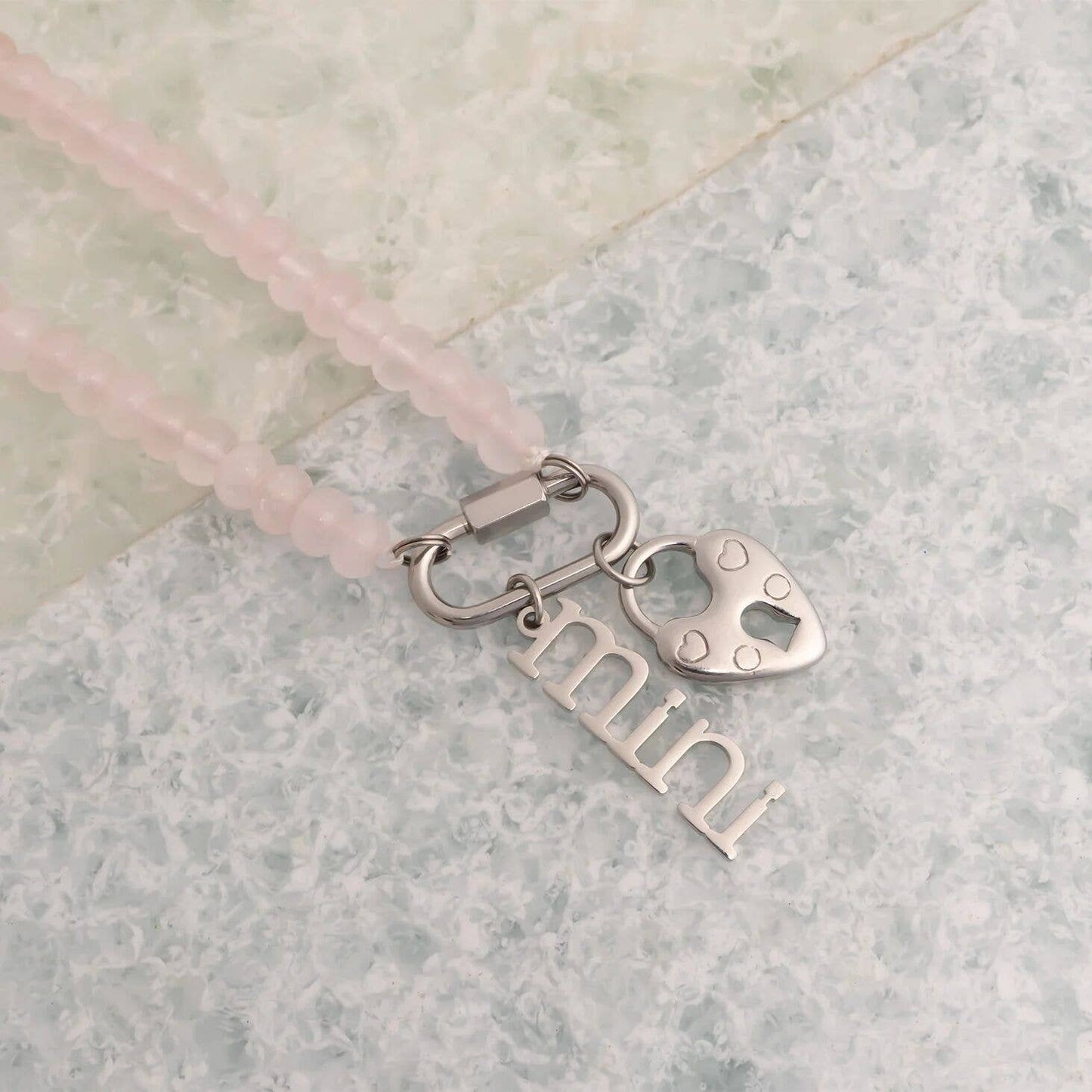 Stainless Steel Pink Chunky Glass Bead Carabiner Necklace: Gold
