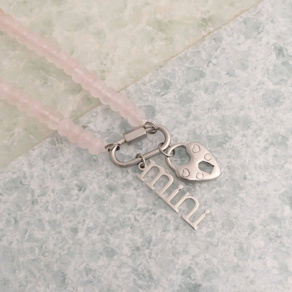 Stainless Steel Pink Chunky Glass Bead Carabiner Necklace: Gold