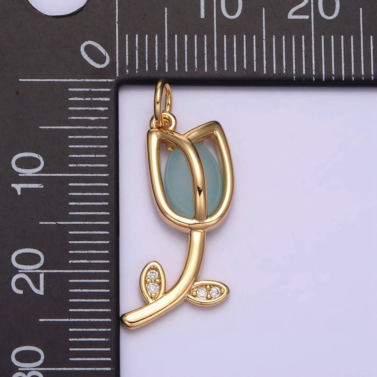 16K Gold Filled Flower Tulip Rose White, Blue, Pink Cat Eye Cabochon Charm in Gold & Silver | AC1073 - AC1078: Blue / Silver