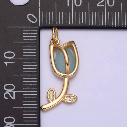 16K Gold Filled Flower Tulip Rose White, Blue, Pink Cat Eye Cabochon Charm in Gold & Silver | AC1073 - AC1078: Blue / Silver