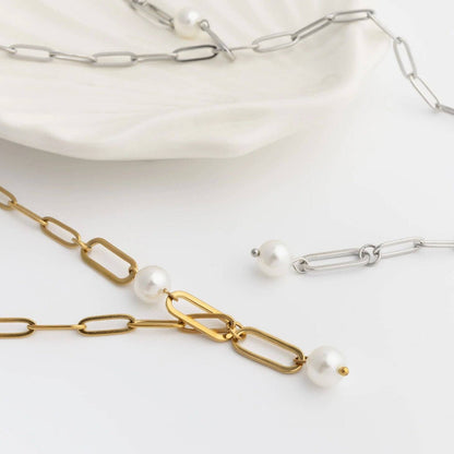 18K Gold PVD Stainless Steel Y Paperclip Necklace with Pearl: Gold