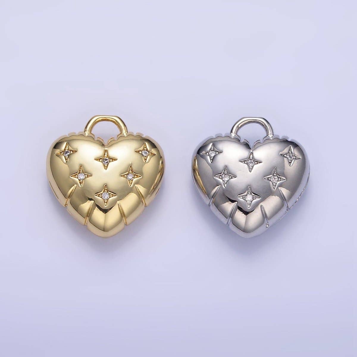 24K Gold Filled Star CZ Puffed Heart Charm in Gold & Silver | H035: Silver