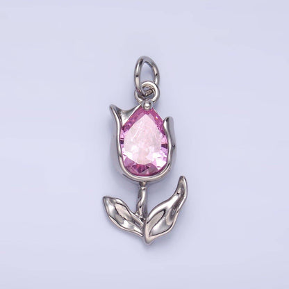 24K Gold Filled Clear, Pink CZ Tulip Charm in Gold & Silver | W819 W820 M182: Gold / Clear