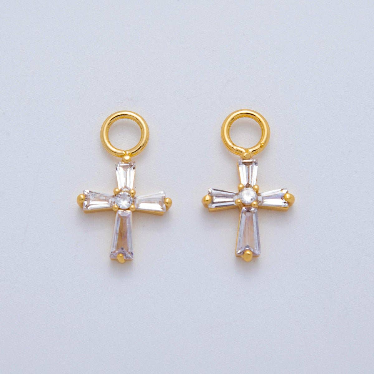 18K Gold Filled Baguette CZ Religious Cross Add-On Drop Earring Charm | AF764