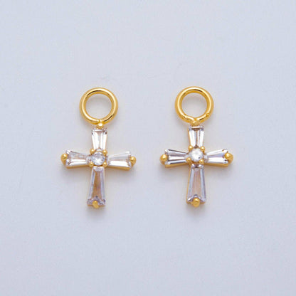 18K Gold Filled Baguette CZ Religious Cross Add-On Drop Earring Charm | AF764