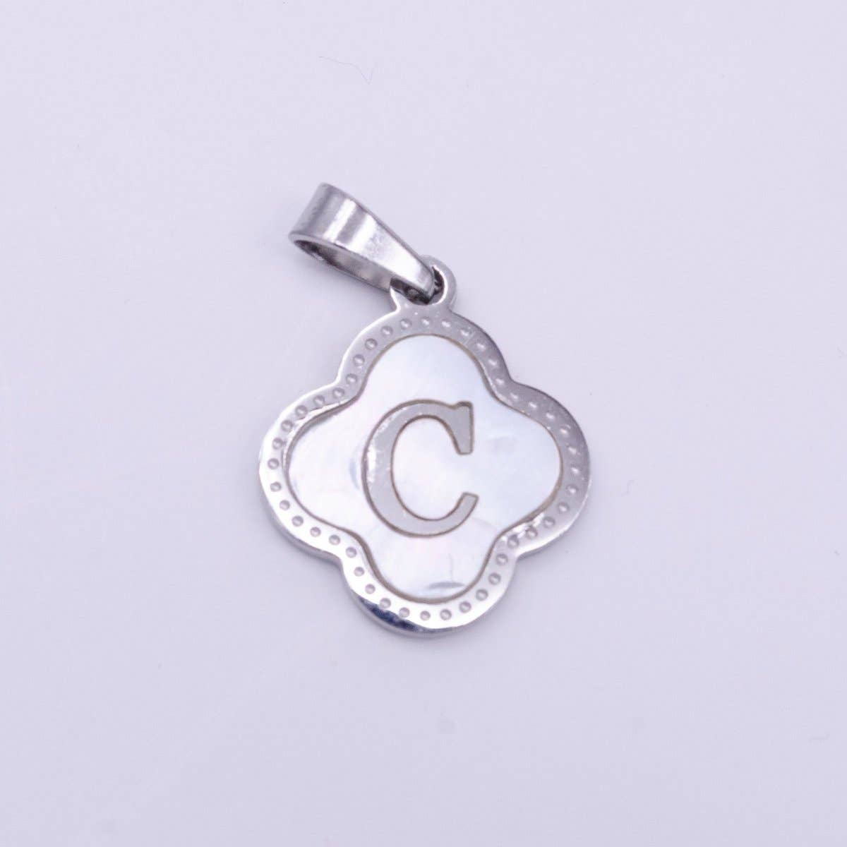 Stainless Steel A-Z Initial Letter Shell Pearl Quatrefoil Clover Silver Pendant Lucky Charm | A-754-A-766: ALL INITIAL