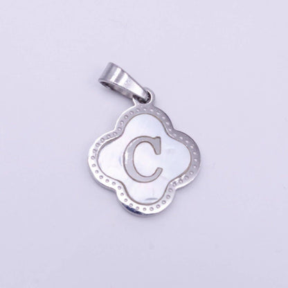Stainless Steel A-Z Initial Letter Shell Pearl Quatrefoil Clover Silver Pendant Lucky Charm | A-754-A-766: ALL INITIAL