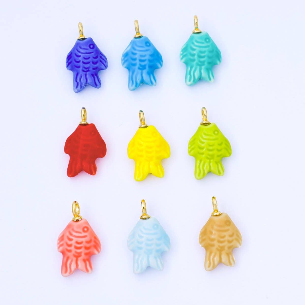 24K Gold Filled 25mm Orange, Red, Yellow, Blue, Green, Teal Fish Ceramic Porcelain Drop Charm | C960 - C963: Blue