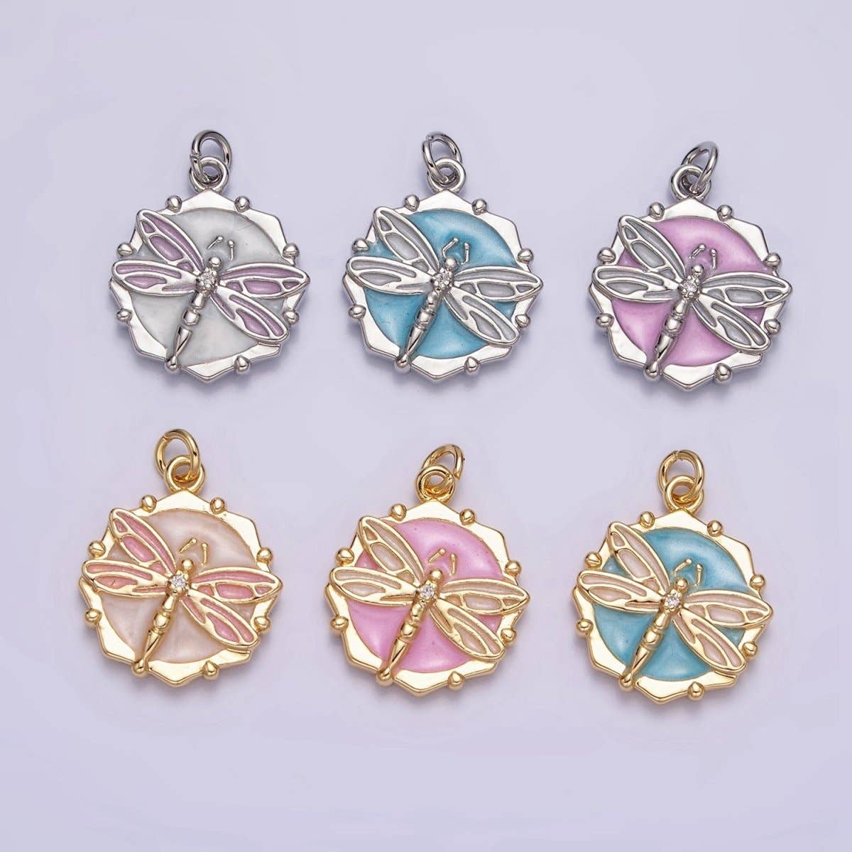 16K Gold Filled Dragonfly Insect White, Pink, Blue Sparkly Enamel Hexagonal Charm | AC1555 - AC1560: Silver / White