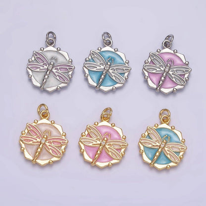 16K Gold Filled Dragonfly Insect White, Pink, Blue Sparkly Enamel Hexagonal Charm | AC1555 - AC1560: Silver / White