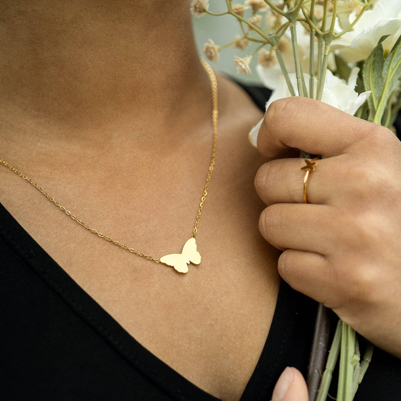 18K Gold PVD Stainless Steel Engravable Butterfly Necklace : Stainless