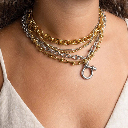Gold Stainless Steel Y Necklace with Horse shoe Carabiner: Gold