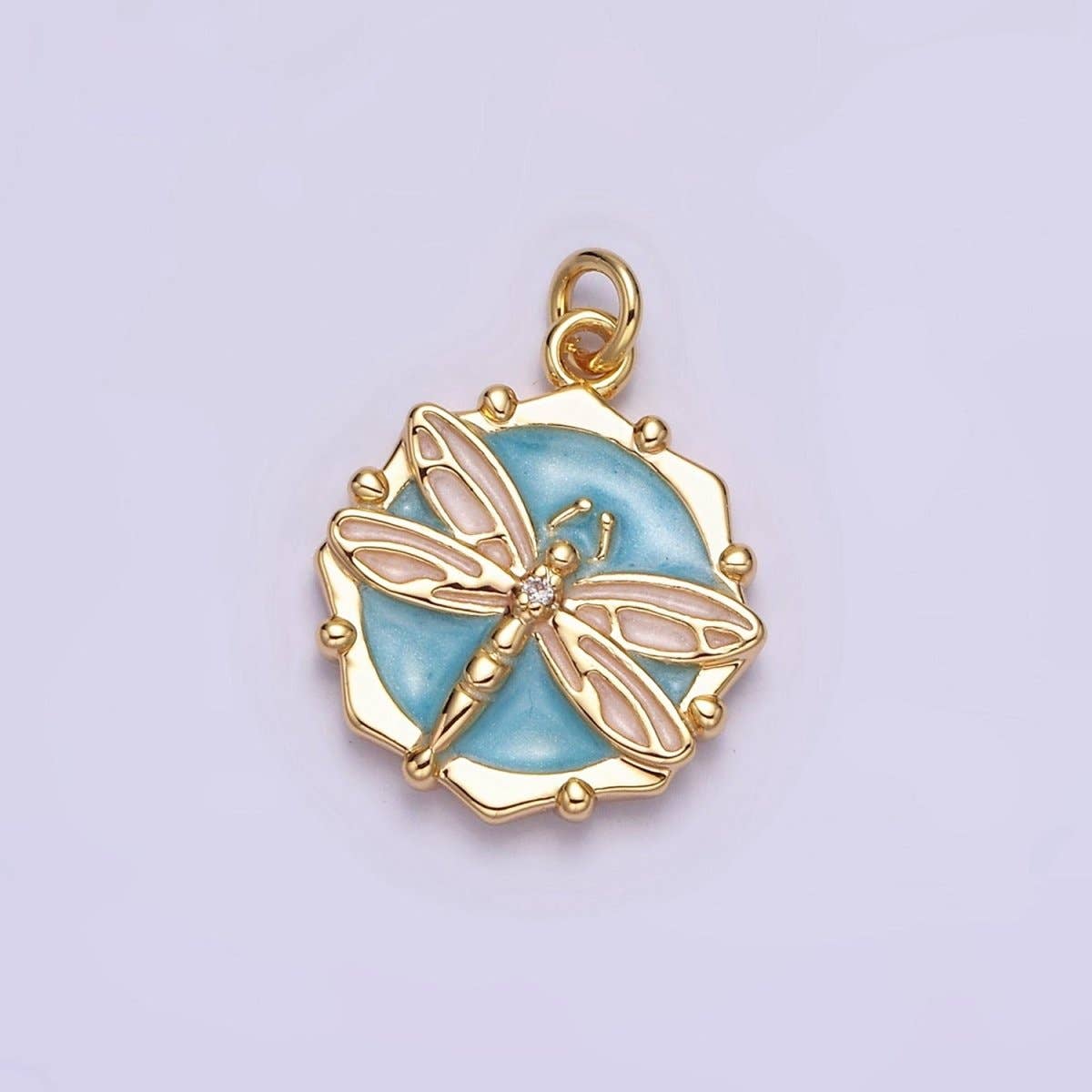 16K Gold Filled Dragonfly Insect White, Pink, Blue Sparkly Enamel Hexagonal Charm | AC1555 - AC1560: Silver / White