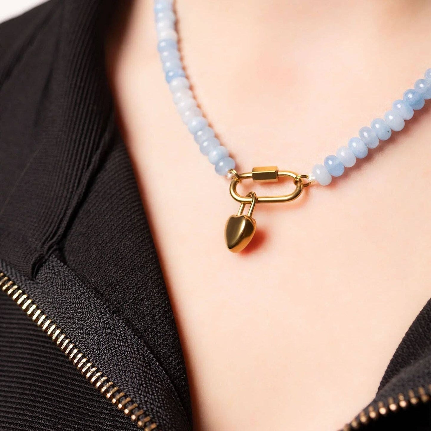 Stainless Steel  Blue Chunky Glass Bead Carabiner Necklace: Gold