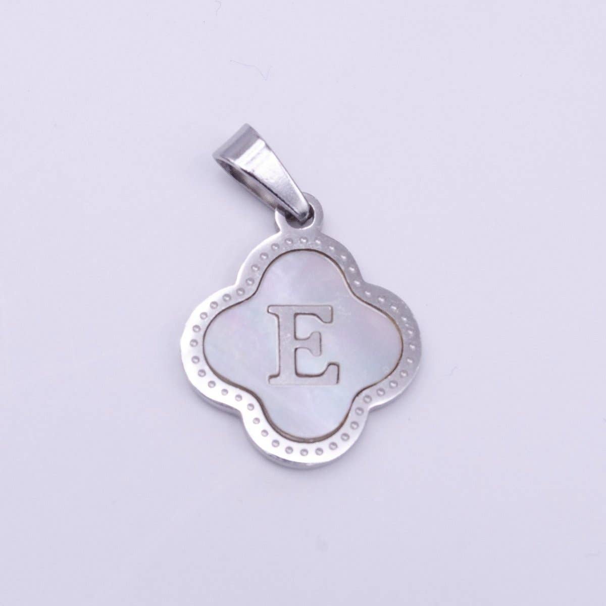 Stainless Steel A-Z Initial Letter Shell Pearl Quatrefoil Clover Silver Pendant Lucky Charm | A-754-A-766: ALL INITIAL