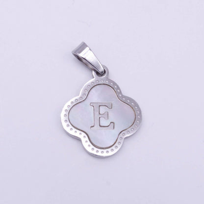 Stainless Steel A-Z Initial Letter Shell Pearl Quatrefoil Clover Silver Pendant Lucky Charm | A-754-A-766: ALL INITIAL
