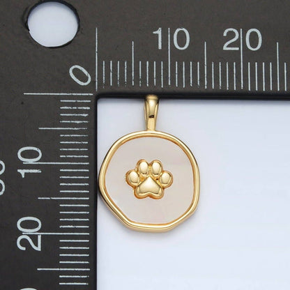 24K Gold Filled Pet Paw Print Shell Pearl Stamped Round Pendant | AA1371