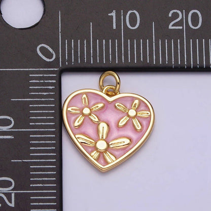 16K Gold Filled Triple Flower White, Pink, Blue Sparkly Enamel Heart Charm | AC1105 - AC1110: Silver / Purple