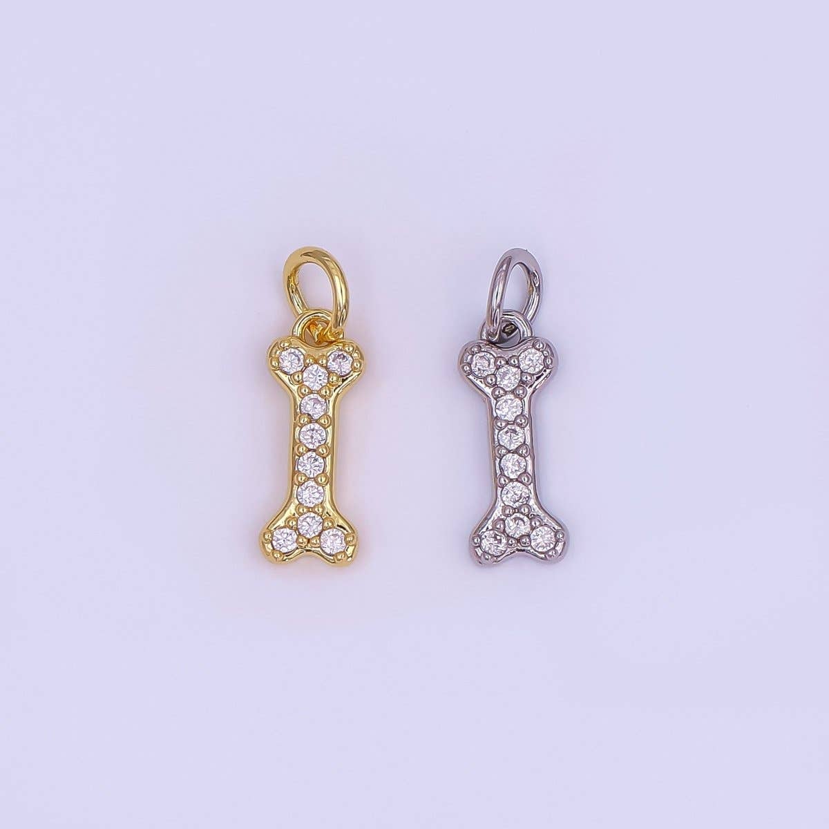 24K Gold Filled Micro Paved CZ Animal Dog Bone Charm in Gold & Silver | N978: SILVER
