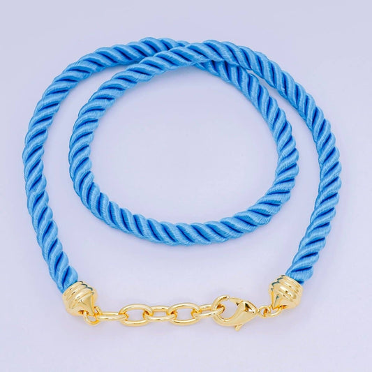 24K Gold Filled Red, Blue, Pink, Beige Twisted Braided Cord Chain Necklace | WA-2440 ~ WA-3830: Dark Blue / 16.3 Inches