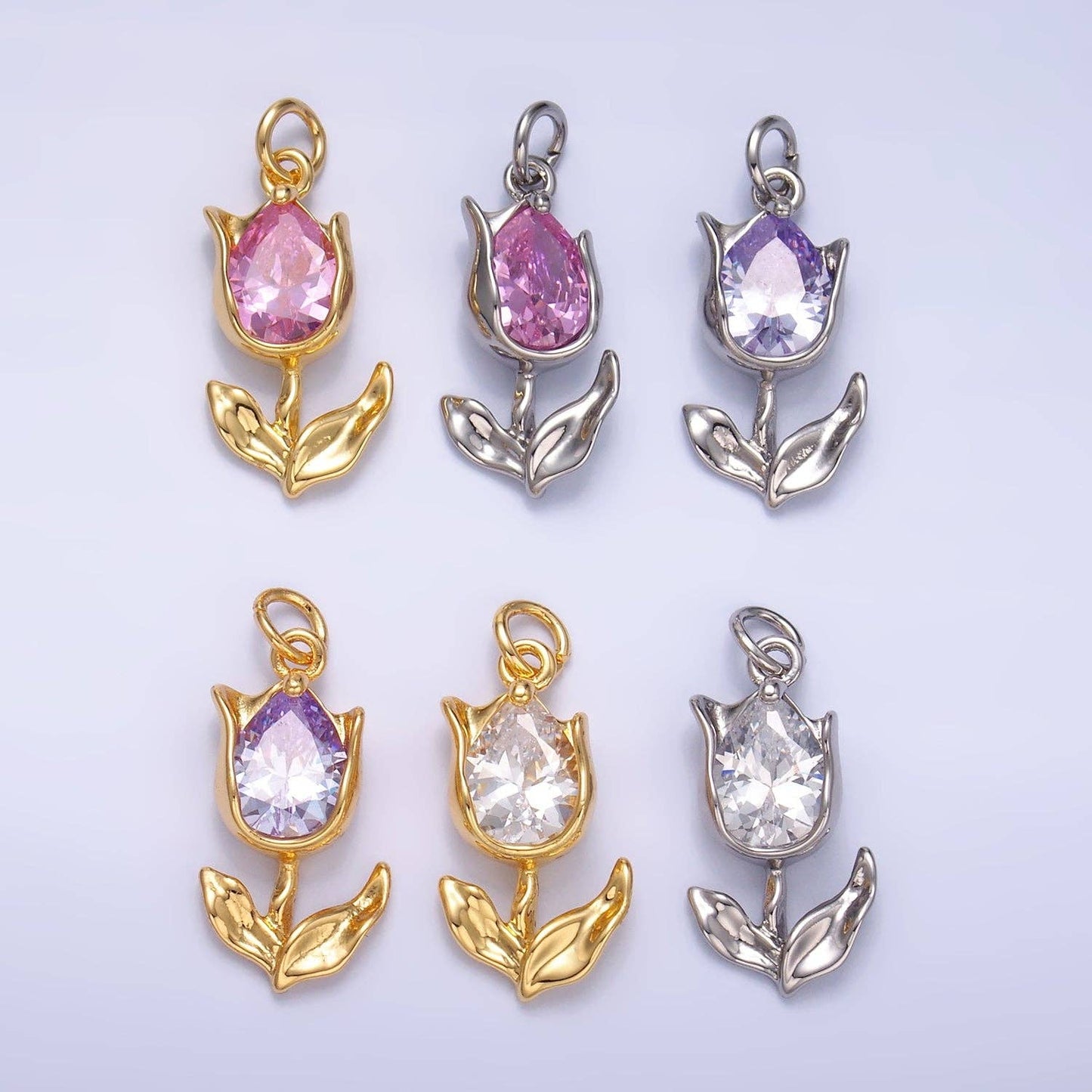 24K Gold Filled Clear, Pink CZ Tulip Charm in Gold & Silver | W819 W820 M182: Silver / Purple