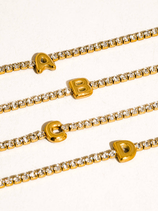 Chaplin 18K Gold Non-Tarnish Rhinestone Letter Bracelet: Yellow Gold / A