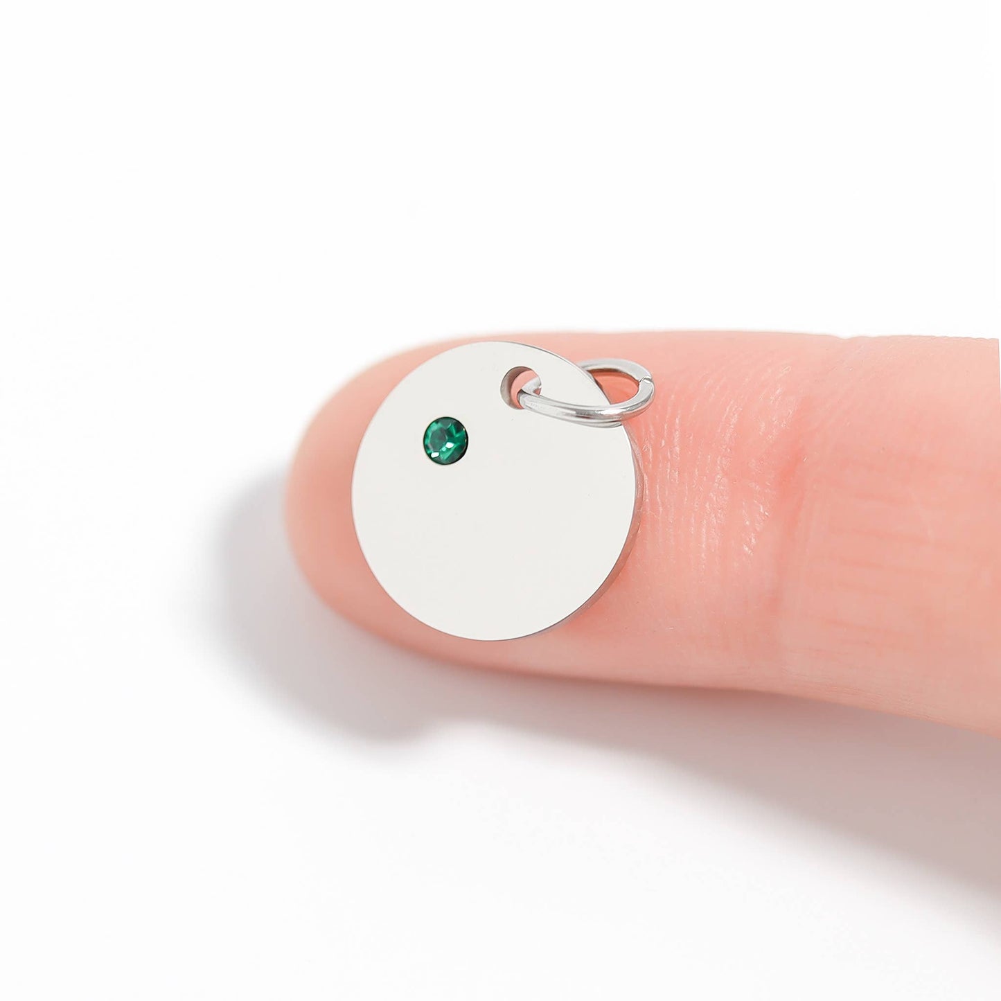Stainless Steel Blank Engravable Circle Birthstone Charm: May/Emerald