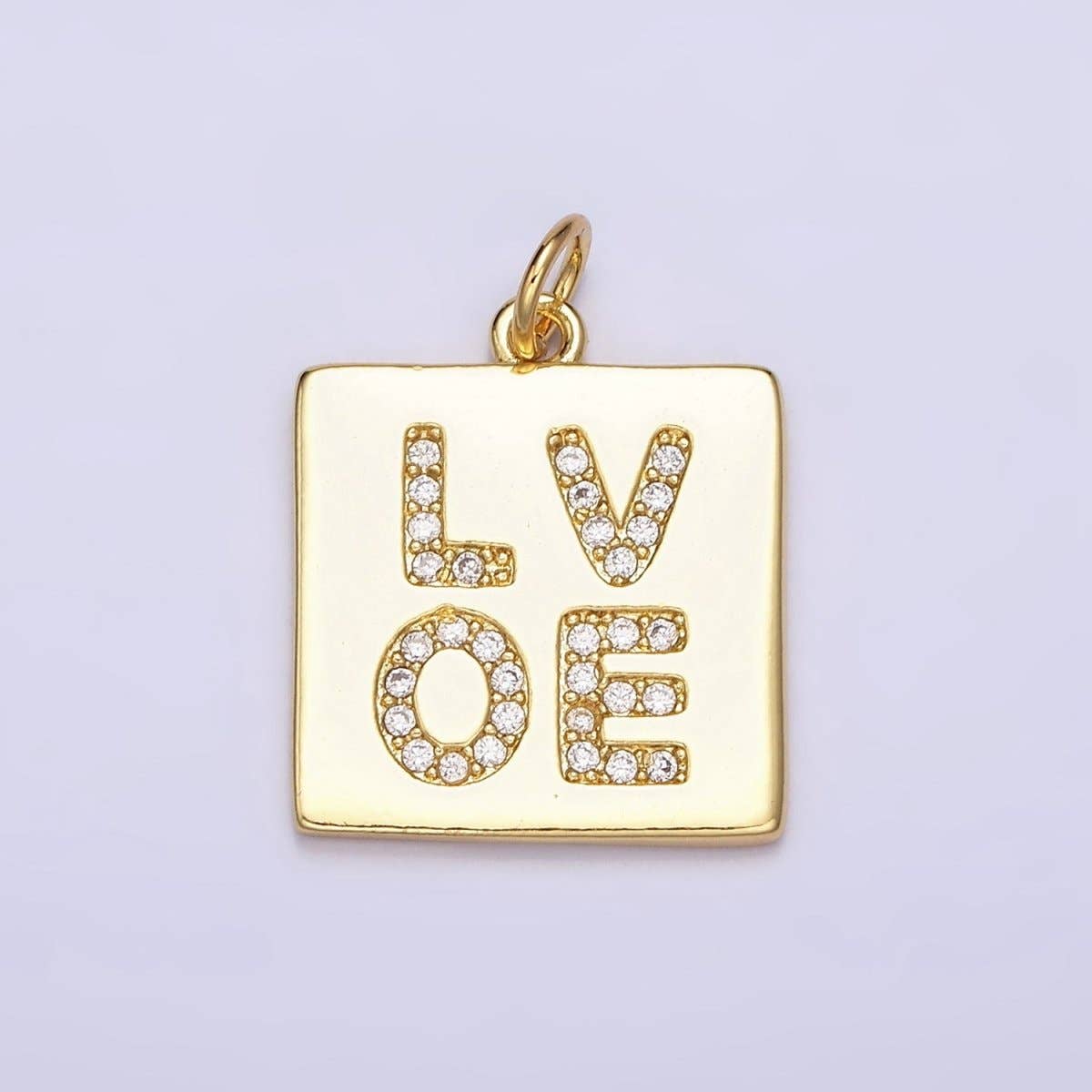 16K Gold Filled "LOVE" Script Micro Paved CZ Square  Charm