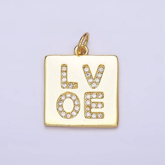 16K Gold Filled "LOVE" Script Micro Paved CZ Square  Charm