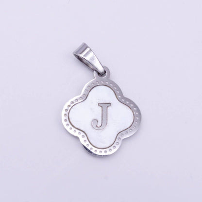Stainless Steel A-Z Initial Letter Shell Pearl Quatrefoil Clover Silver Pendant Lucky Charm | A-754-A-766: ALL INITIAL