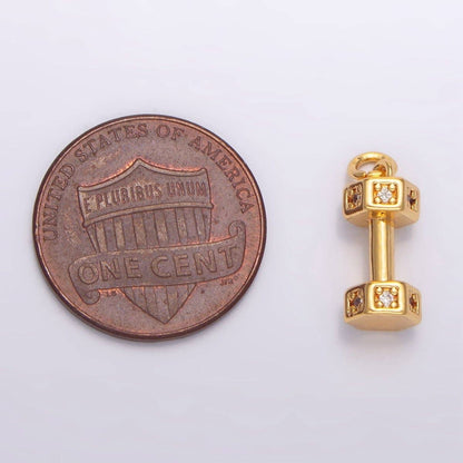 24K Gold Filled Micro Paved CZ Barbell Dumbbell Sports Multidimensional Charm | W097