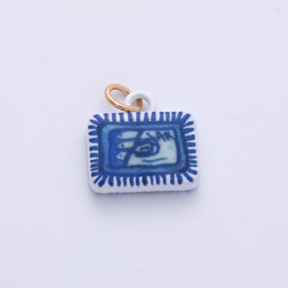 18K Gold Filled 13mm Blue-White Fish Sardine Tin Can Rectangle Charm | AF1610