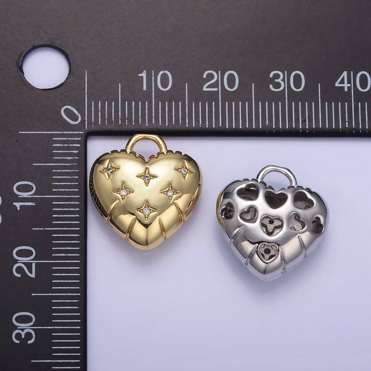 24K Gold Filled Star CZ Puffed Heart Charm in Gold & Silver | H035: Silver