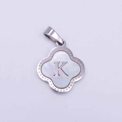Stainless Steel A-Z Initial Letter Shell Pearl Quatrefoil Clover Silver Pendant Lucky Charm | A-754-A-766: ALL INITIAL